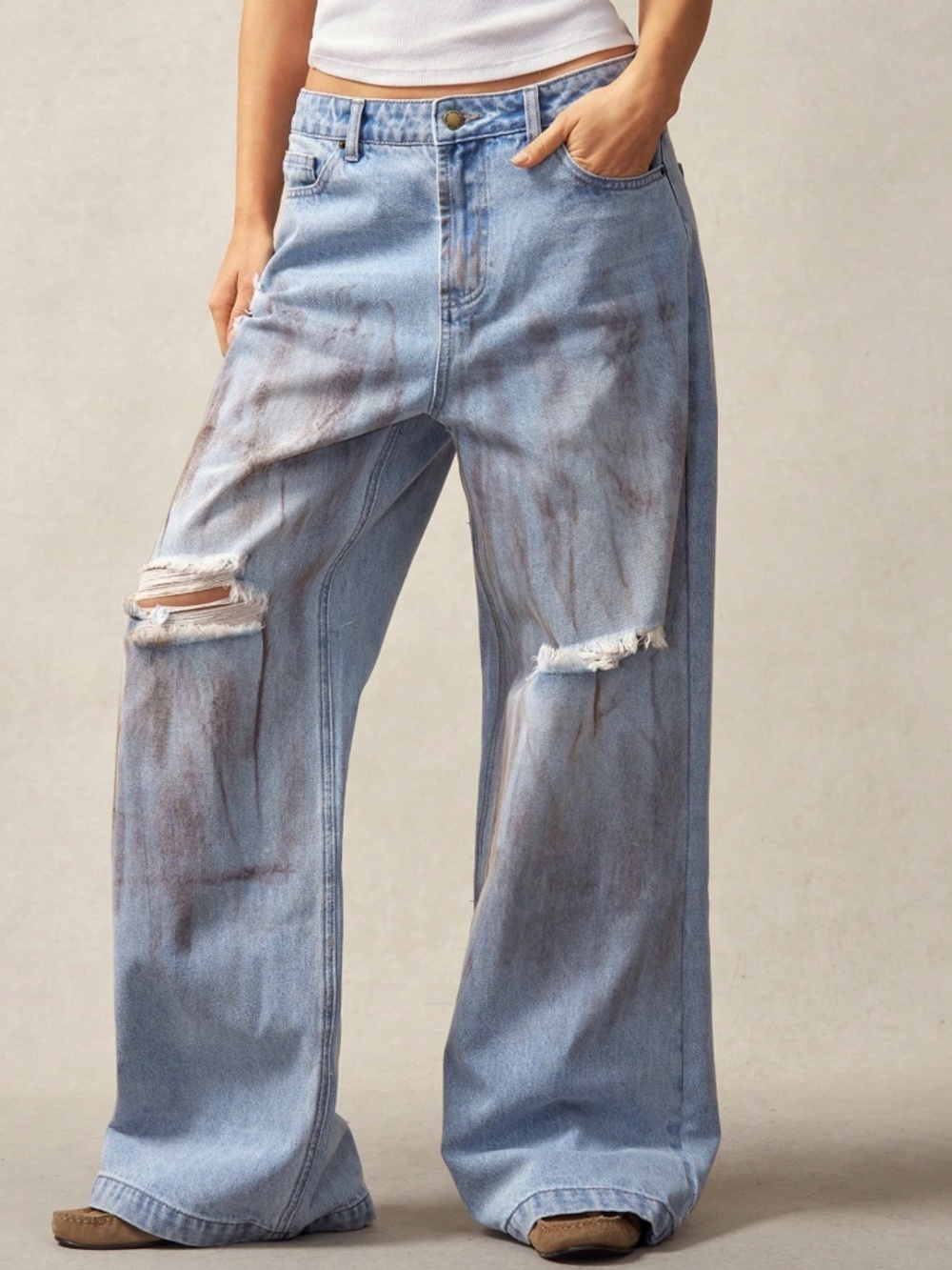 Light Wash Distressed Wide leg Low Waist Denim Jeans pants - Picture 2 of 8